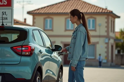Jeune femme examine une pompe à essence à Mille