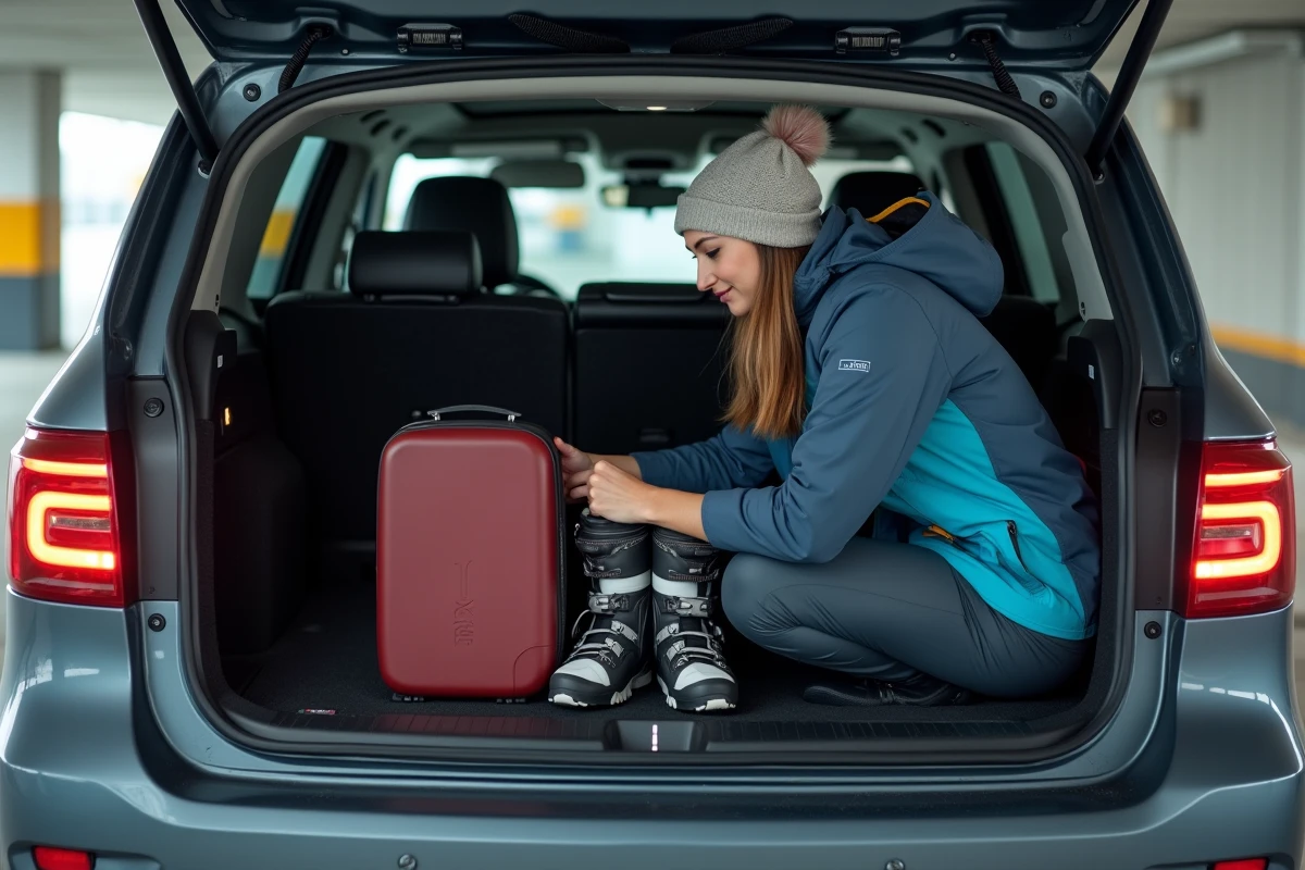 Jeune femme organisant ses skis dans le coffre d