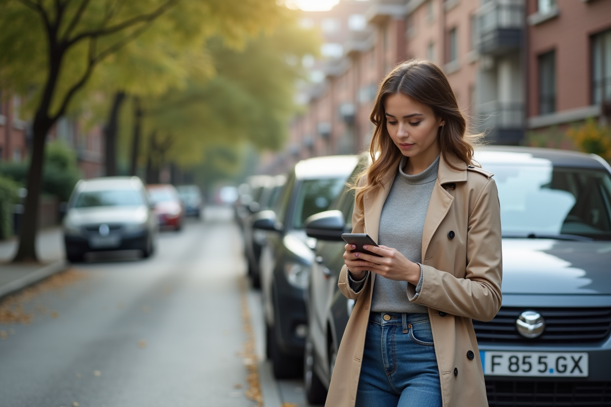 Jeune femme vérifie son smartphone près de sa voiture