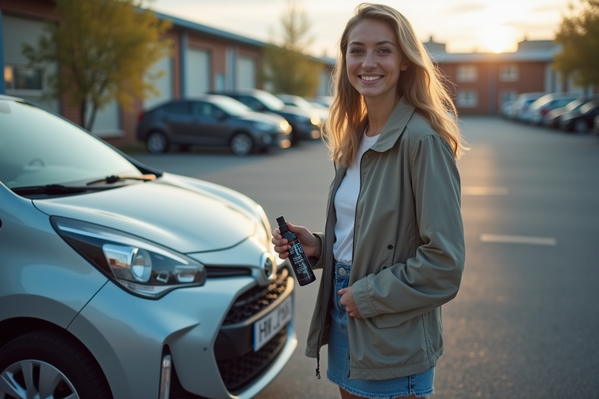 Jeune femme avec fluid antipollution près de sa voiture