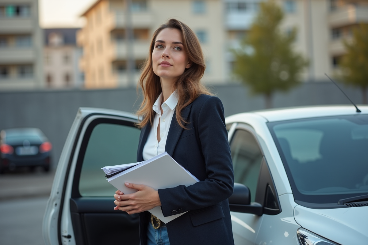 Jeune femme avec documents à côté d