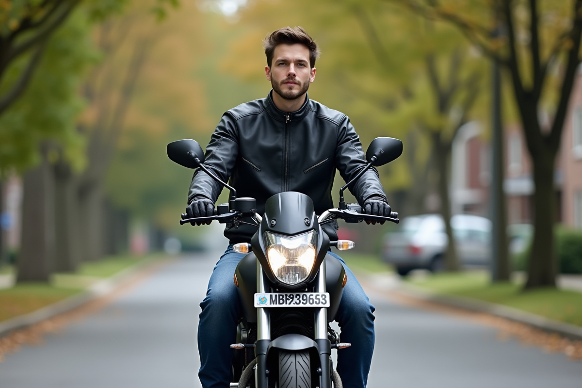 Jeune homme en moto Avengers 125 sur rue tranquille