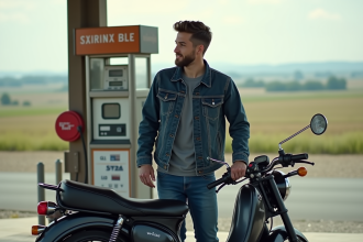 Jeune homme refuelant une moto dans une station rurale