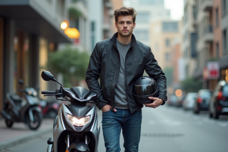 Jeune homme avec veste moto et casque à côté d'une moto en ville