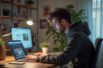 Jeune homme lisant une actualite tech sur son ordinateur