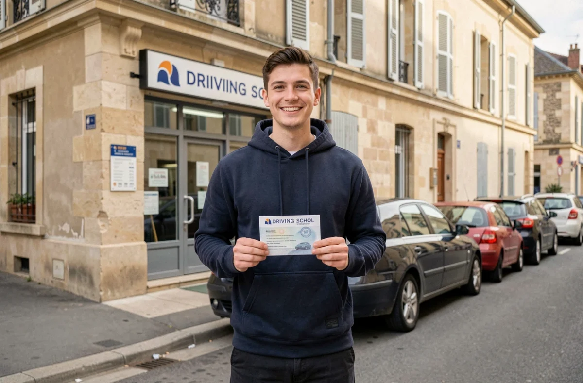Jeune homme souriant tenant son permis de conduire devant une auto-école en ville