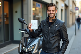 Jeune homme avec permis scooter dans une ville
