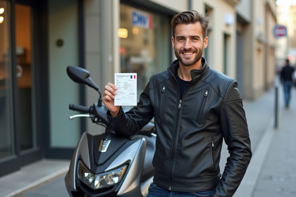 Jeune homme avec permis scooter dans une ville
