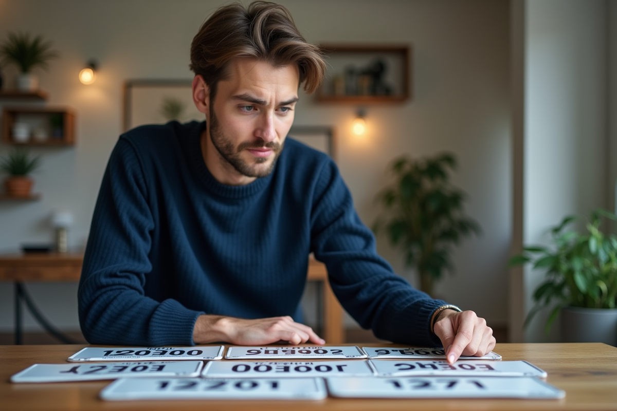 Jeune homme examinant des plaques d'immatriculation françaises