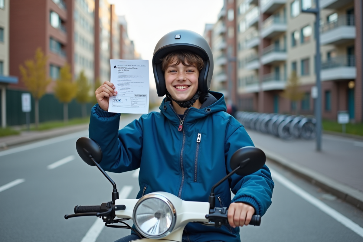 Adolescent en scooter avec permis dans une rue urbaine
