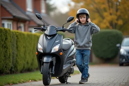Jeune garçon de 14 ans avec casque et scooter devant maison