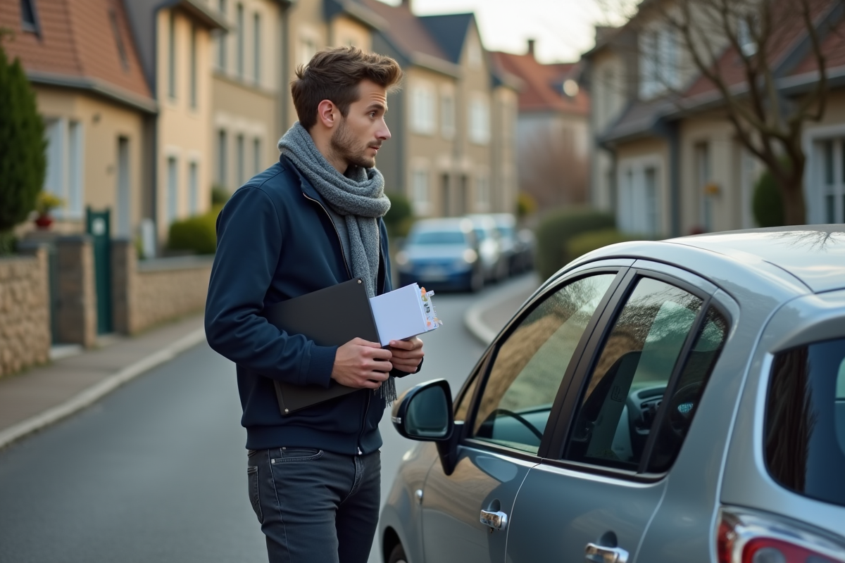 Jeune homme devant sa voiture dans un quartier résidentiel
