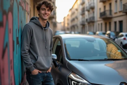 Jeune homme souriant près d'une Clio 5 en ville