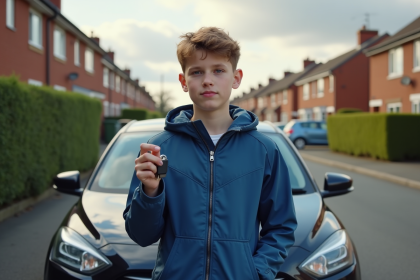 Jeune homme avec clés de voiture devant une voiture dans une rue résidentielle