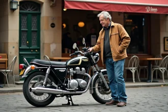 Moto Kawasaki KZ400J vintage devant un café français