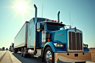 Vue avant trois-quarts d'un Kenworth W900A authentique garé sur une aire de repos, avec capot long, pare-chocs chromé et tuyaux d'échappement verticaux caractéristiques