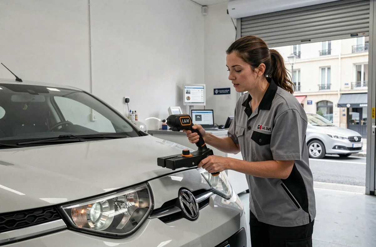 Technicienne de L & M Paris 14 réalisant un contrôle du réglage des phares d'une voiture citadine avec un appareil professionnel dans un garage de quartier parisien