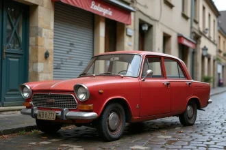 Une LADA 2107 rouge garée dans une rue pavée française, symbole de l'avenir incertain de la marque en France