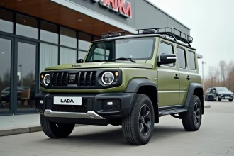Nouveau Lada Niva 4x4 garé devant une concession automobile, vue trois quarts avant sur fond de façade vitrée