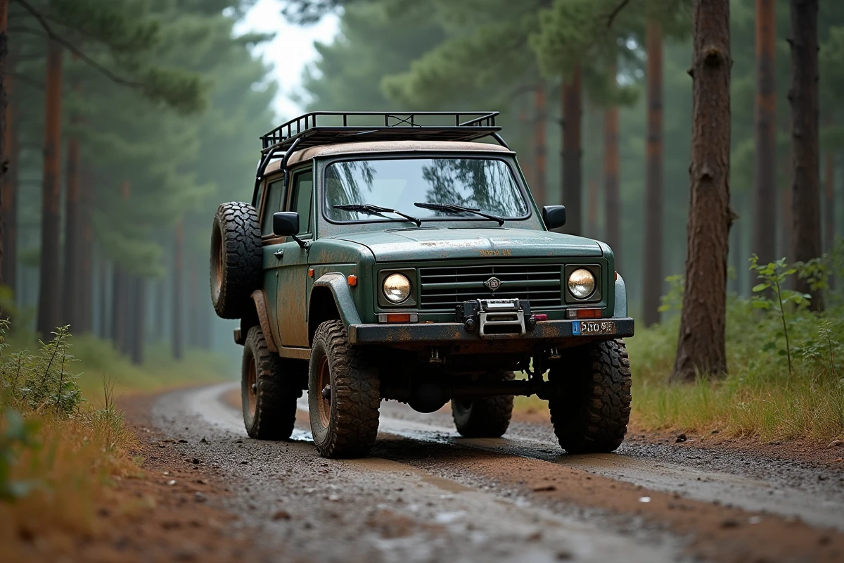 Lada Niva 4x4 sur un chemin forestier en gravier avec projections de boue, capacités tout-terrain en situation réelle