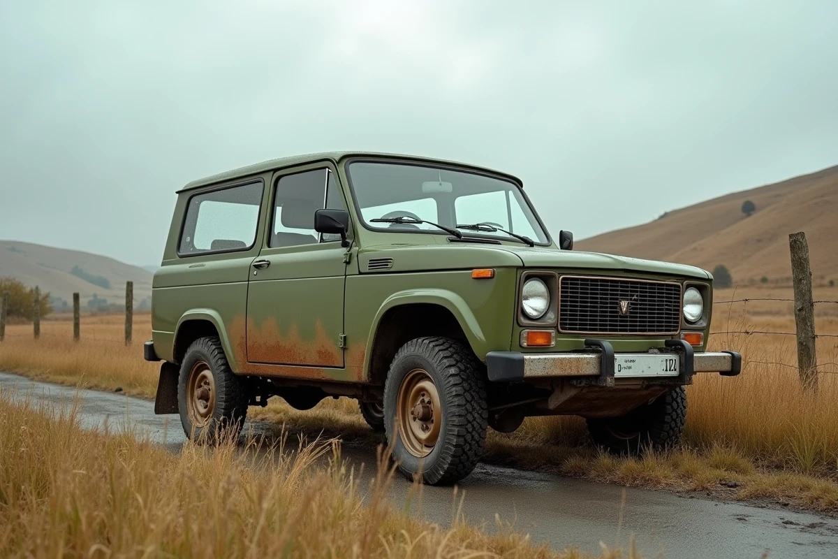 Une LADA Niva 4x4 dans la campagne française, illustrant la survie d'un modèle iconique face aux nouvelles normes européennes