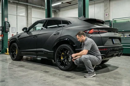 Technicien inspectant les freins d'une Lamborghini Urus dans un atelier de service haut de gamme