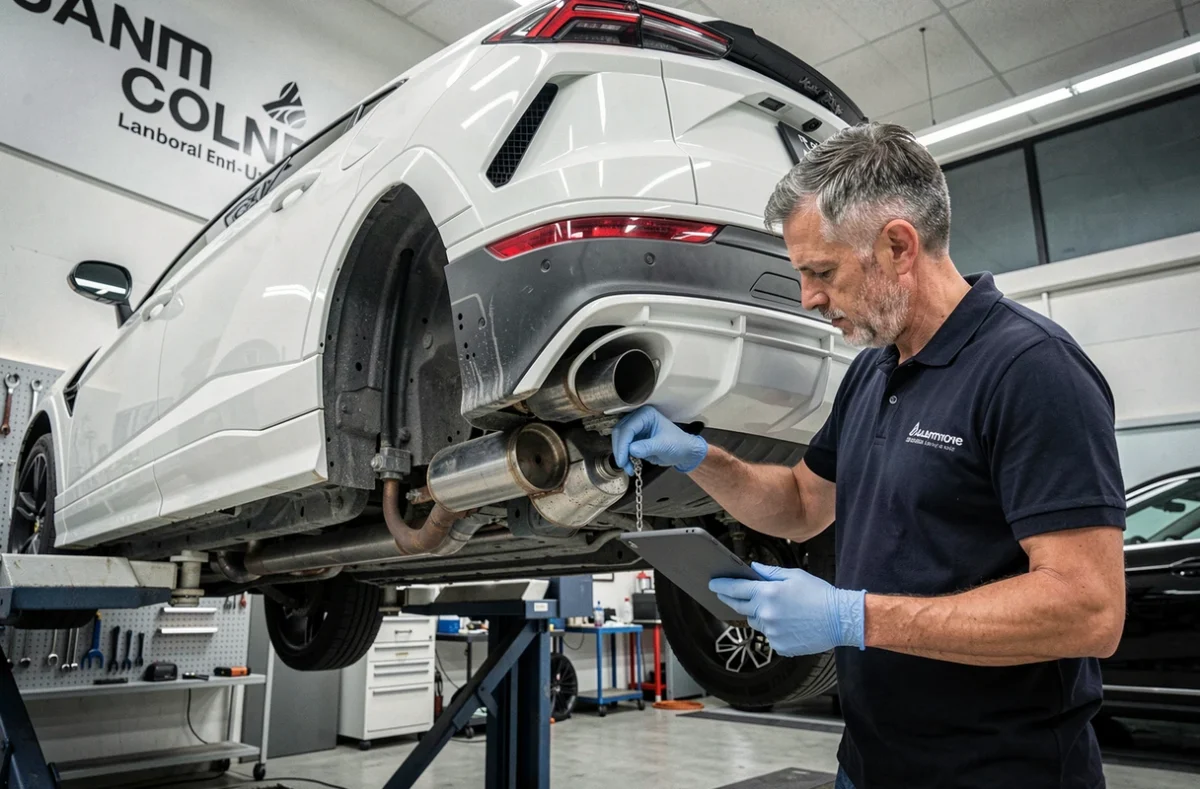 Lamborghini Urus sur pont élévateur dans un centre de service officiel pour révision complète