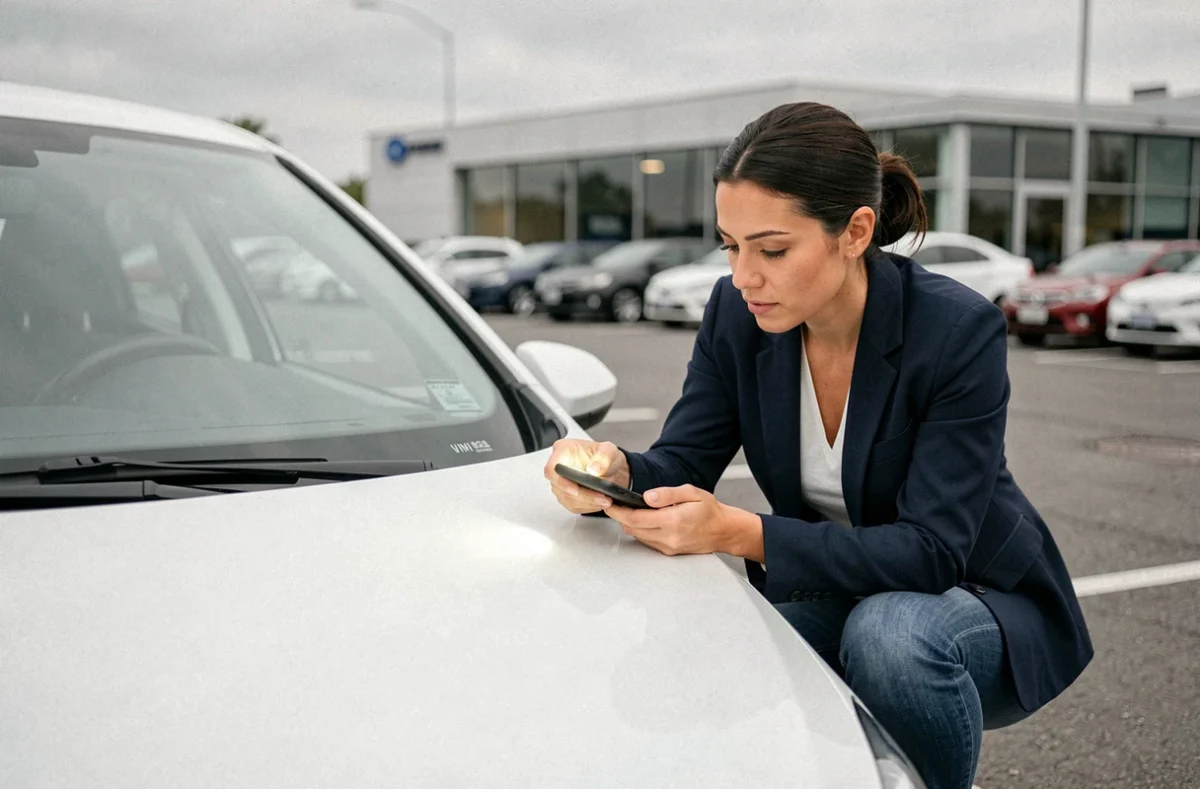 Femme lisant le numéro VIN sur le pare-brise d'un véhicule dans un parking de concession automobile