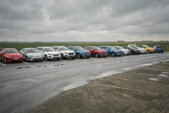 Vue d'ensemble d'un parking d'agences de location de voitures dans le Pas-de-Calais avec plusieurs véhicules alignés sous un ciel nuageux typique du nord de la France