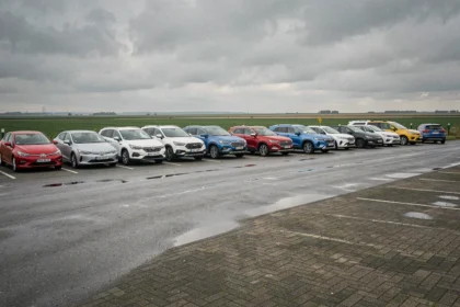 Vue d'ensemble d'un parking d'agences de location de voitures dans le Pas-de-Calais avec plusieurs véhicules alignés sous un ciel nuageux typique du nord de la France