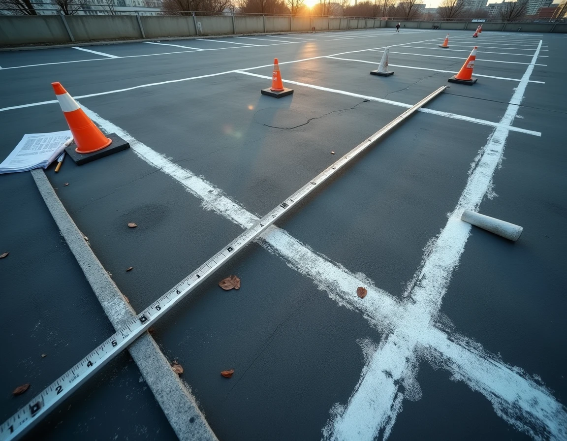 Vue aérienne des marquages au sol repris lors de la rénovation d'un parking avec outils de mesure et plans techniques