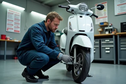 Mécanicien effectuant un contrôle technique sur un scooter blanc dans un centre de contrôle agréé