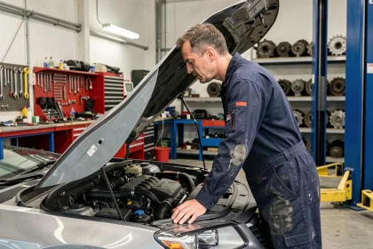 Mécanicien diesel inspectant le moteur d'une voiture dans un garage automobile professionnel