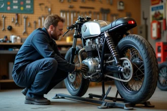 Mécanicien moto examinant un moteur dans un garage indépendant à Agde