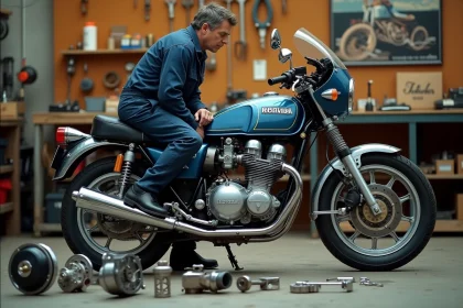 Mécanicien inspectant une Honda XLV750R dans un atelier avec des pièces d'origine disposées sur un établi