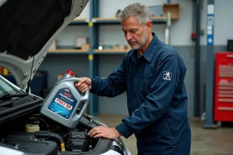 Mécanicien versant de l'huile moteur compatible PSA dans une Peugeot 208 dans un garage professionnel