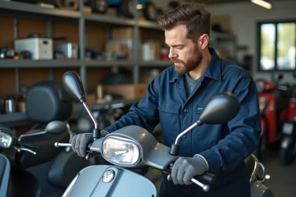 Mécanicien inspectant un scooter moderne dans un atelier de concession pour estimer sa cote argus en 2026