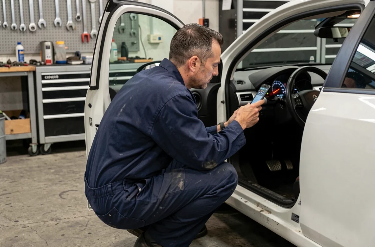 Mécanicien automobile inspectant les voyants du tableau de bord d'une Citroën C3 dans un garage avant le contrôle technique
