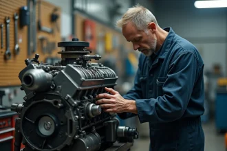 Mécanicien inspectant un moteur BMW M47 reconditionné sur un support moteur dans un atelier automobile professionnel