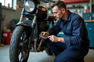 Mécanicien moto vérifiant le disque de frein avec un pied à coulisse