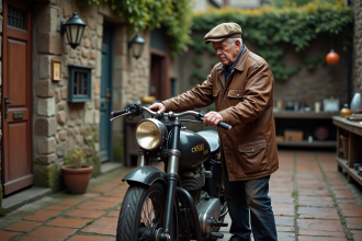 Mécanicien âgé polissant une moto ancienne dans une cour rustique