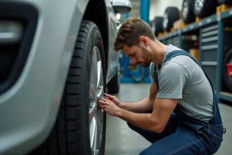 Jeune mecanicien en overalls mesure un pneu de voiture