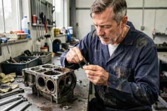 Mécanicien automobile inspectant un joint de queue de soupape usé sur une culasse de moteur essence dans un atelier professionnel