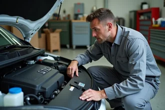 Mécanicien inspectant le moteur 1.6 TDI 105 dans un garage indépendant