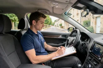 Un moniteur d'auto-école assis dans une voiture double commande, consultant un tableau de bord dans les rues de la Loire