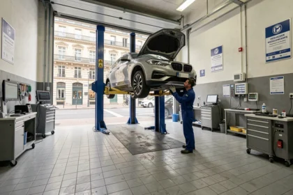Centre de contrôle technique automobile à Paris avec une voiture sur un pont élévateur et un technicien en uniforme effectuant une inspection