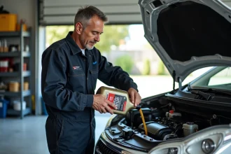 Mécanicien versant de l'huile moteur dans le compartiment moteur d'une Peugeot 208 blanche dans un garage particulier