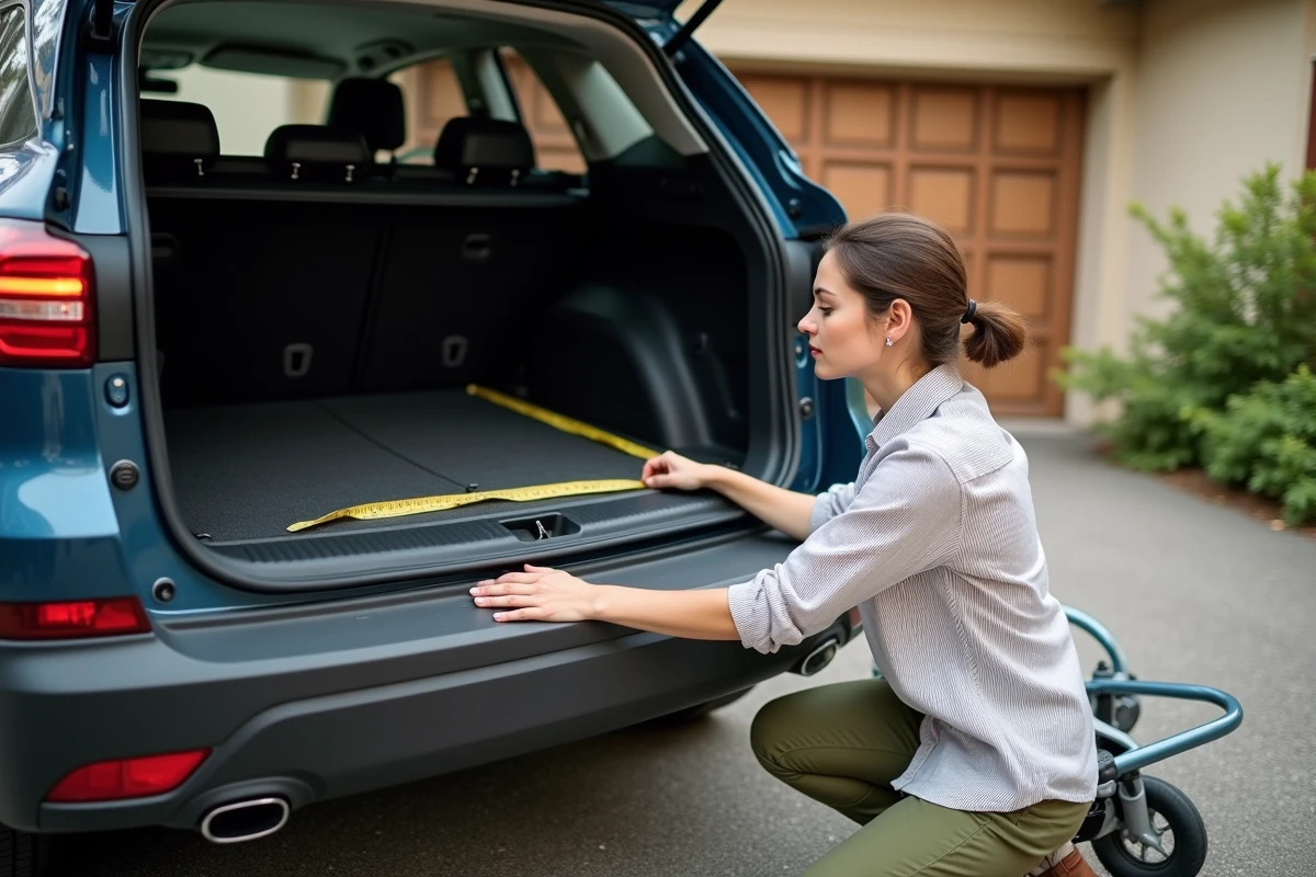 Femme mesurant la profondeur du coffre d'un SUV compact 2026 avec un mètre ruban dans une allée résidentielle
