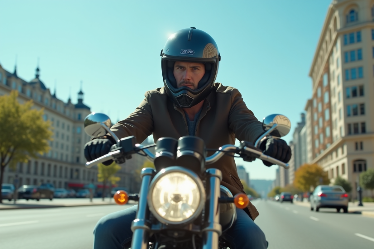 Motard portant un casque ouvert en ville ensoleillée