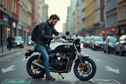 Jeune homme vérifiant une carte de stationnement moto en ville